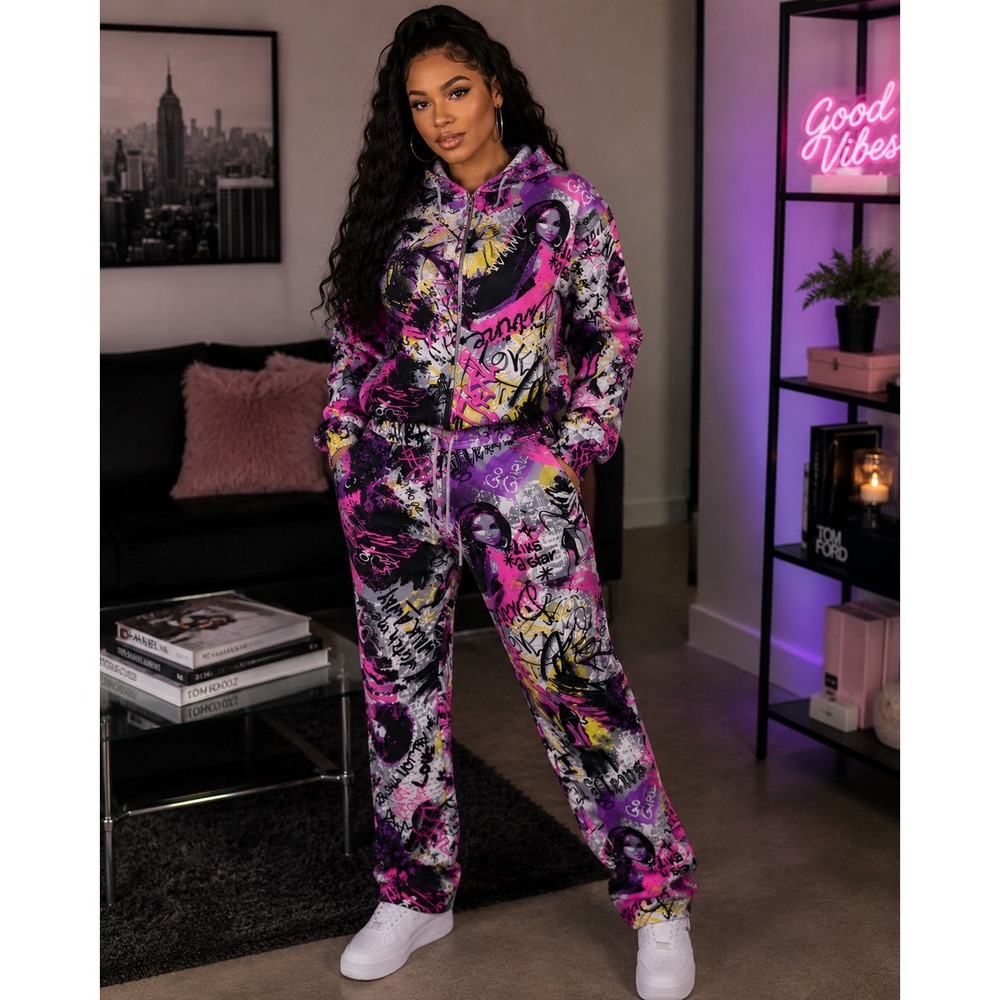 Full CircleTrends Graffiti Pop Art Tracksuit Set Pink Purple XL Zip Hoodie Pants